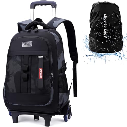 Voici et Voila Rucksack mit Rollen Kinder Jungen Trolley Schulrucksack Schultasche mit Rollen Mädchen Jungen Kinderrucksack Trolley Teens Schwarz Camouflage 32x24x46cm von Voici et Voila