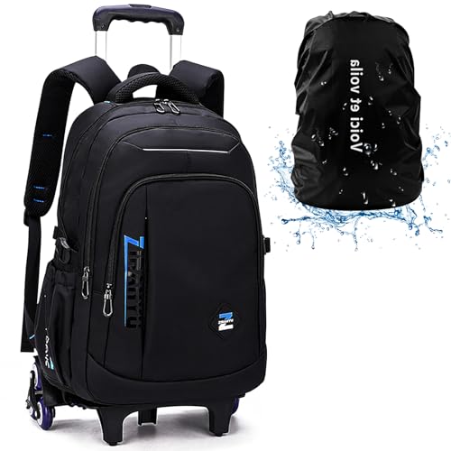 Voici et Voila Trolley Bag Rucksack mit Rollen Jungen Mädchen Schulrucksack Trolley Kinder Schultasche mit Rollen Schulranzen Trolley Wasserdichte Jungen Teens 6 Rollen Schwarz 34x20x48cm von Voici et Voila