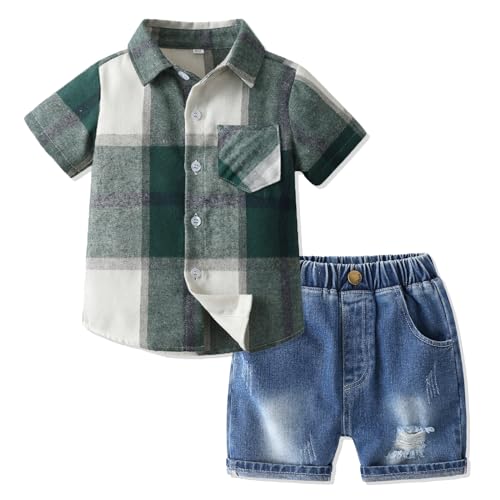 Volunboy 2tlg Babykleidung Set, Kurzarm Hemd Kariert & Blau Jeans Sommer Kleidung Outfit für Jungen(Grüner Denim,18-24 Monate,Größe 90) von Volunboy