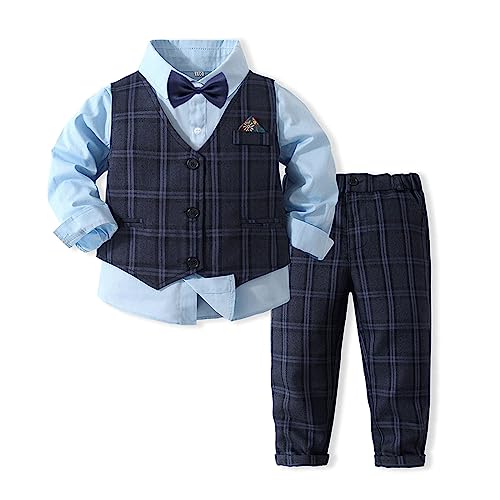 Volunboy Baby Anzug Jungen Anzugweste Hemd mit Fliege für Festlich Hochzeit Bekleidung Set 4tlg(12-18 Monate,Blau,Größe 80) von Volunboy