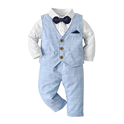 Volunboy Baby Anzug Jungen Anzugweste Hemd mit Fliege für Festlich Hochzeit Bekleidung Set 4tlg（12-18 Monate，Blau-Plaid，Größe 80） von Volunboy