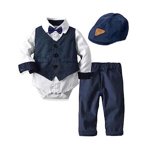 Volunboy Baby Anzug Jungen Anzugweste Hemd mit Fliege für Festlich Hochzeit Bekleidung Set 4tlg(12-18 Monate,Marine Weiß,Größe 80) von Volunboy