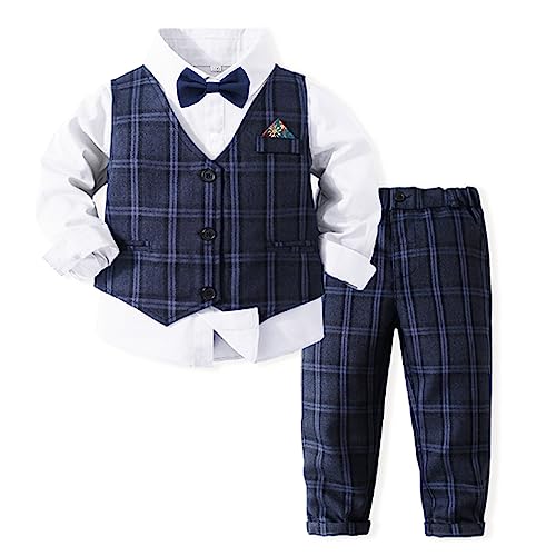 Volunboy Baby Anzug Jungen Anzugweste Hemd mit Fliege für Festlich Hochzeit Bekleidung Set 4tlg(2-3 Jahre,Marine Blau,Größe 100) von Volunboy