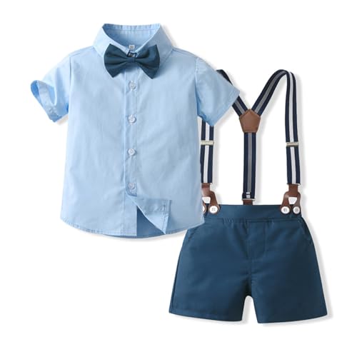 Volunboy Baby Jungen Anzug, Kurzarm Hemd mit Fliege + Hosenträger Shorts Strampler Sommer Bekleidung Set（Blau Marine，2-3 Jahre，Größe 100） von Volunboy
