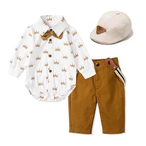 Volunboy Baby Jungen Anzug Set Bekleidung Hemd mit Fliege + Hosenträger Hosen Strampler Anzug(9-12 Monate,Weiße Krone,Größe 73) von Volunboy