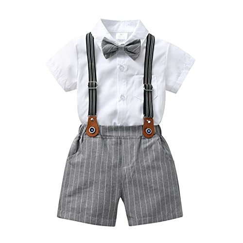 Volunboy Baby Jungen Anzug Set Bekleidung Hemd mit Fliege + Hosenträger Shorts Strampler Anzug(3-4 Jahre,WeißGrau,Größe 110) von Volunboy