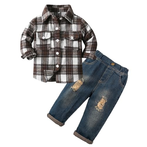 Volunboy Bekleidungssets für Baby Jungen, Langarm Flanell Hemd Kariert + Blau Jeans 2PCS Kleidung Outfit(Braun Weiß,1-2 Jahre,Größe 90) von Volunboy