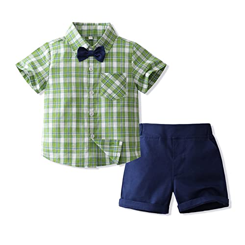 Volunboy Kleinkind Junge Kurzarm Plaid Hemd mit Fliege & Kurze Hosen Set, Sommer Baumwolle Hemden Shorts Bekleidung Outfit(Grün,4-5 Jahre,Größe 120) von Volunboy