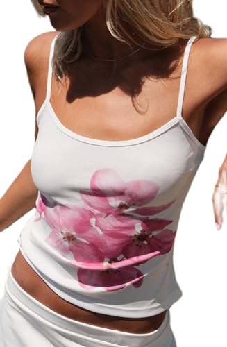 Votuleazi Damen Y2k Cami Top mit Blumendruck, ärmellos, florales Spaghettiträger-Crop-Top, grafisches Ausgehen, Tank-Top, trendige Streetwear, D Weiß, Klein von Votuleazi