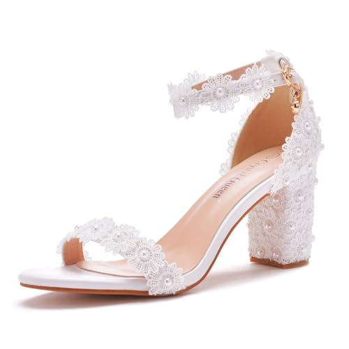 Voviggiw Damen-Block-Hochzeits-Sandalen mit klobigem High-Heel für Schuhe Braut Knöchelriemen Sandaletten Nähte Spitze Blumen-Perlen-Sandalen Weiß 7 cm Markierungsgröße 40 Voviggiw Damen-Block-Hochzeits-Sandalen mit klobigem High-Heel für Schuhe Braut Knöchelriemen Sandaletten Nähte Spitze Blumen-Perlen-Sandalen Weiß 7 cm Markierungsgröße 40 von Voviggiw