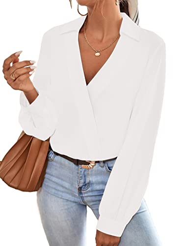 Vrtige Damen Casual Kragen V Ausschnitt Plissee Langarm Bluse Büro Hemd Top, Weiss/opulenter Garten, Groß von Vrtige