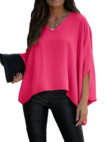 Vrtige Damen Casual V-Ausschnitt Batwing Langarm Bluse Shirt Tunika Top, Rose, Large von Vrtige