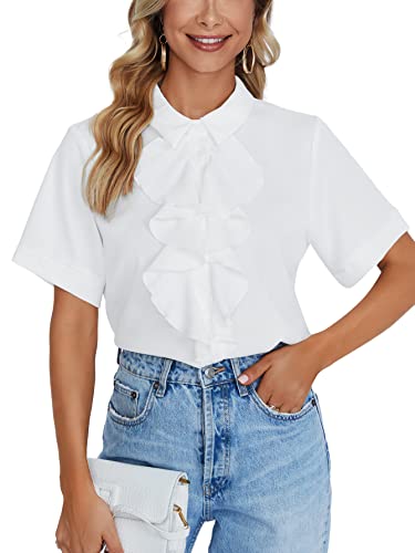 Vrtige Damen Kragen Hals Button Down Rüschen Front Kurzarm Bluse Shirt Top, Weiss/opulenter Garten, Klein von Vrtige