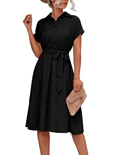 Vrtige Damen Midi-Hemdkleid mit Kragen, Kragen, Knopfleiste, Taille, kurze Ärmel, A-Linie, Einfarbig Schwarz, Klein von Vrtige