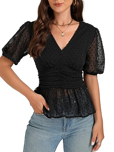 Vrtige Damen Swiss Dots V-Ausschnitt geraffte Mesh Kurzarm Rüschen Saum Schößchen Top Bluse Shirt, Schwarz, Klein von Vrtige