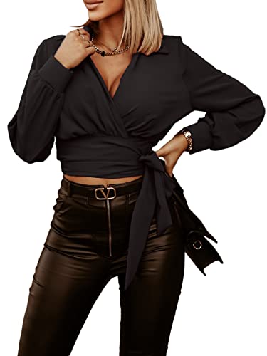 Vrtige Damen Wrap V Ausschnitt Selbstbinden Knoten Langarm Bluse Shirt Crop Tops Schwarz Größe S von Vrtige