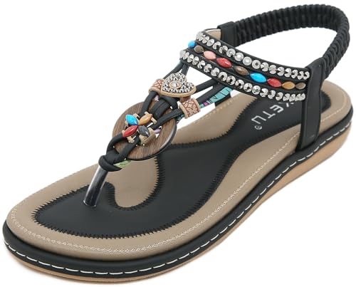 Vunavueya Damen Sandalen Slingback Frauen Zehentrenner Sandale Flache Sommer Leder Riemchensandale Bohemian Flip Flops Schuhe 02 Schwarz 36 von Vunavueya