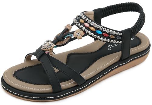 Vunavueya Damen Sandalen Slingback Frauen Zehentrenner Sandale Flache Sommer Leder Riemchensandale Bohemian Flip Flops Schuhe 04 Schwarz 36 von Vunavueya