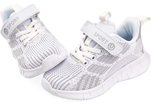 Vunavueya Kinder Laufschuhe Jungen Running Sneakers Mädchen Sportschuhe Freizeit Turnschuhe Low-Top Sports Schuhe Klettverschluss Weiß Grau 29 von Vunavueya