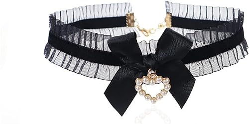 W WEILIRIAN Schwarze Spitze Choker Halskette für Frauen Perle Herz Anhänger Halskette Schwarze Bogen Halskette Liebe Herz Halskette Cosplay Party Halskette Schmuck für Mädchen Geschenke (Schwarz) von W WEILIRIAN