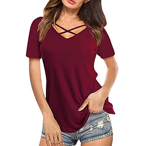 Damen Sommer Front Brust Kreuz V-Ausschnitt Kurzarm Lose T-Shirt Damen von WAEKQIANG