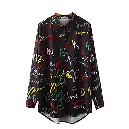 Graffiti Print Bluse Damen Herbst Umlegekragen Langarm BüRo Elegante Damen Shirts Casual Tops Und Blusen von WAEKQIANG