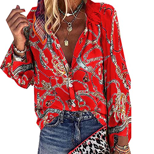 WAEKQIANG Neue Damen Bluse V-Ausschnitt Langarm Print Lose Freizeithemden Damen Tops Und Blusen von WAEKQIANG