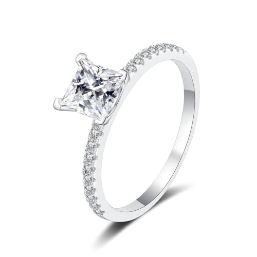 1 Karat Princess Cut Moissanit Ring für Frauen Sterling Silber Jahrestag Versprechen Ehering D Farbe VVS1 Moissanit Verlobungsringe Diamantringe mit Zertifikat (Weiß,15.7) von WAHZAUS