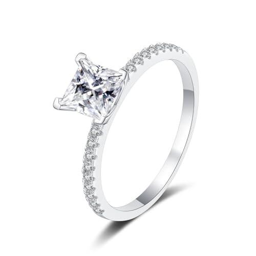 1 Karat Princess Cut Moissanit Ring für Frauen Sterling Silber Jahrestag Versprechen Ehering D Farbe VVS1 Moissanit Verlobungsringe Diamantringe mit Zertifikat (Weiß,18.9) von WAHZAUS