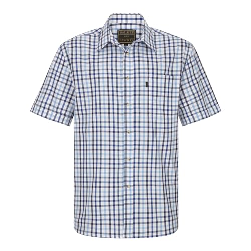 WALKER AND HAWKES Herren Kurzarmhemd im Country-Stil - 100% Baumwolle - kariert - Blau - 4XL (50'') von WALKER AND HAWKES