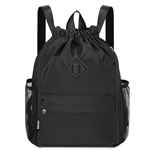 WANDF Rucksack mit Kordelzug, Sporttasche mit Schuhfach, wasserabweisender String-Rucksack Cinch für Damen Herren (Mittel,Schwarz) von WANDF