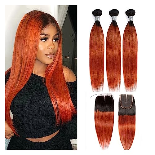 Human Hair Bundles Orange gerade Echthaar-Bündel, 4x4-Spitzenverschluss mit Bündeln, brasilianische Ombre-Haarwebart, burgunderrote Bündel mit Verschluss, Remy-Echthaar for Frauen Haarverlängerungen(C von WANGHAI-666