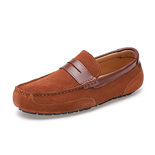 WANGLL Loafer, Loafer-Schuhe für Herren, echtes Leder, Nahtdetails, Wildleder-Vamp, runde Zehenpartie, Penny-Loafer, widerstandsfähig, flexibel, Flacher Absatz, weich, lässig, zum Hineinschlüpfen von WANGLL