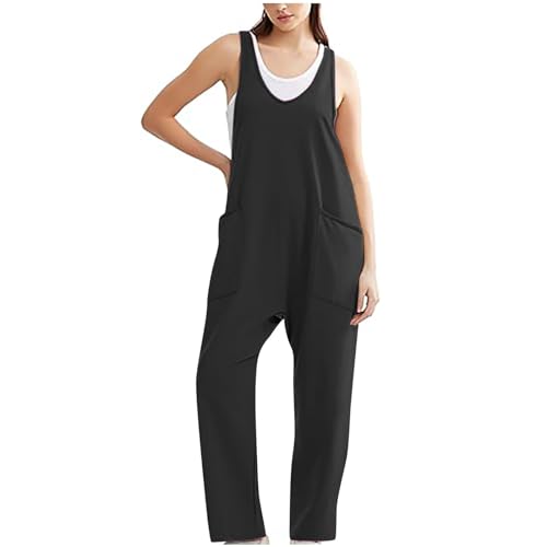 2024 Jumpsuit Damen Sommer Lang Latzhose Lässig Einfarbig Einteiler Overall Baggy Oversize Arbeitshose V-Ausschnitt Strampler Playsuit mit Große Taschen Ärmellose Leicht Jumpsuits Outfits Sommerhose von WANGTIANXUE