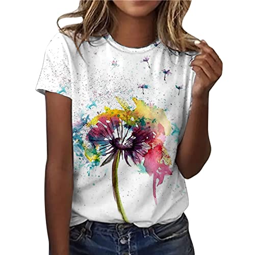 Oberteile Damen,Weisses T Shirt Damen Sommer T-Shirt Damen Basic T Shirt Bedrucken Rundhalsausschnitt Weiß Tshirt Baumwolle Casual Damen Kurzarm Bluse Tops Klamotten Teenager Mädchen Sportshirt von WANGTIANXUE