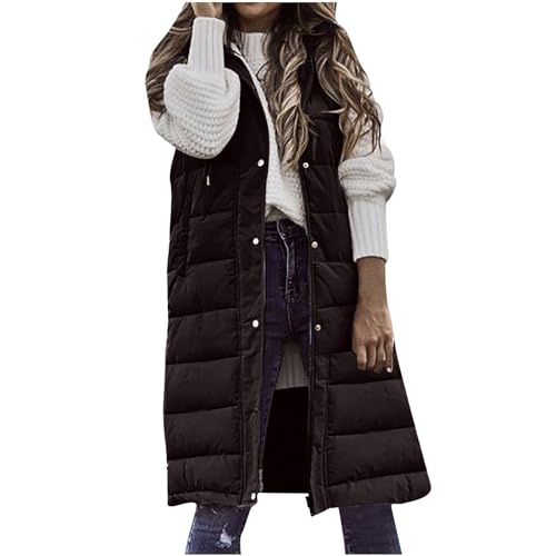 WANGTIANXUE Weste Damen Lang Steppweste Winter Daunenweste Übergangsweste Winterjacke Longweste Winterweste Leichte Warm Gesteppt Casual Reißverschluss Pufferjacke mit Kapuze Daunenmantel von WANGTIANXUE