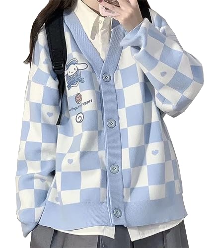 WANHONGYUE Kawaii Cinnamoroll Cardigan Sweater Damen Long Sleeve Open Front Knitted Jumper Strickjacke Mädchen JK School Uniform Anime V-Neck Pullover Jacket Coat Blau XXL von WANHONGYUE