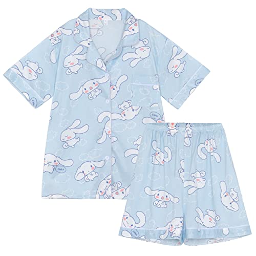 WANHONGYUE Kawaii Cinnamoroll Pyjamas Damen Mädchen Sleepwear Loungewear Short Pyjama Set Anime Short Sleeve Shirt and Shorts 2 Piece Leisure Suit Blau-1 XXL von WANHONGYUE