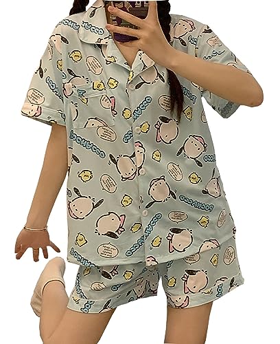 WANHONGYUE Kawaii Pochacco Pyjamas Damen Mädchen Sleepwear Loungewear Short Pyjama Set Anime Short Sleeve Shirt and Shorts 2 Piece Leisure Suit Blau-3 M von WANHONGYUE