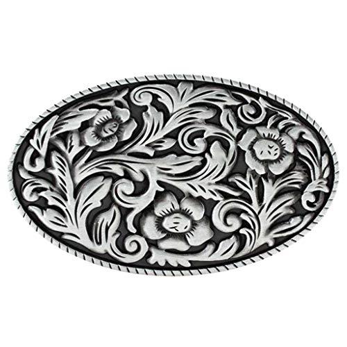 WANLIAN Gürtelschnalle, Unisex-Schnalle aus ovalem Metall, antikes Silber, florale Mode-Cowboy-Gürtelschnalle für den täglichen Gebrauch von Männern und Frauen. 3,6 "* 2,35", Silber, 2,57 Unzen von WANLIAN