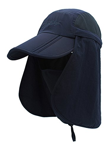 Kinder Jungen Mädchen Safari Cap mit extra langem Nackenschutz Anti UV Abklappbar Baseball Mütze für Camping Outdoor - 50-54 Navy Blau von WANYING