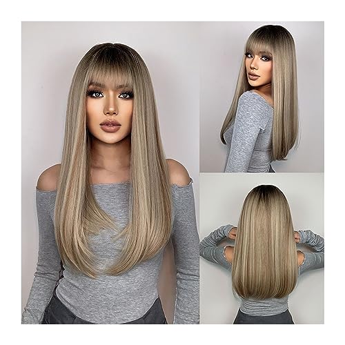 Perücken Naturhaar-Perücke for Damen, Cosplay-Perücke, hitzebeständig, lange, gerade synthetische Perücken mit Pony, braun bis blond, Ombre perücke fasching von WaLdor