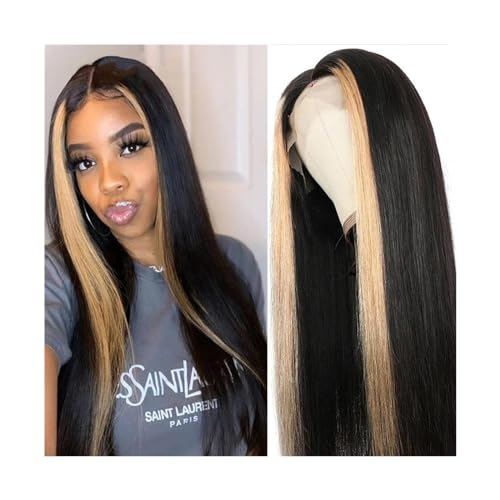 perücke Straight Hair 13x4 Lace Frontal Wig 1B/27 Ombre Highlight Human Hair Wigs for Black Women 8-30inch Straight Transparent Lace Front Wigs Kunstfaserhaar (Color : 1B/27 150 density, Size : 24in von WaLdor