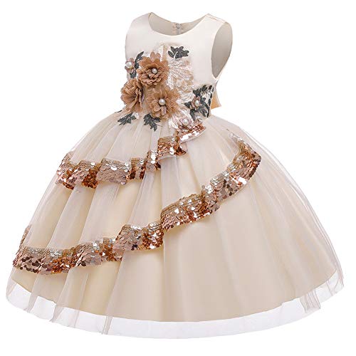 WAWALI Pailletten Stickerei Mädchen Kleid Puffy Layered Rock Baby Mädchen Party Kleider Alter 6-7 Jahre Champagner von WAWALI