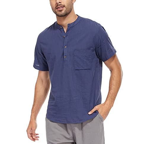 WAZZAP Hemd Herren Baumwolle Leinenhemd Henley Kurzarm Sommerhemd Regular Fit Freizeithemd Shirts von WAZZAP