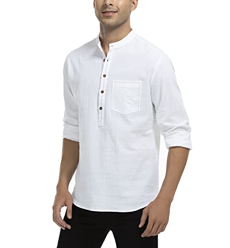 WAZZAP Herren Baumwolle Leinenhemd Langarm Henley Hemd Button Sommerhemd Freizeithemd von WAZZAP