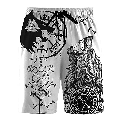 Nordische Mythologie Herren Shorts mit Seitentaschen, 3D Print Sommer Shorts Wikinger Tattoo Hose, Strandurlaub Reisen Schnell Trocknende Sportshorts mit Kordelzug, T-Shirt-Partner,Fenrir a,4XL von WDBAYXH