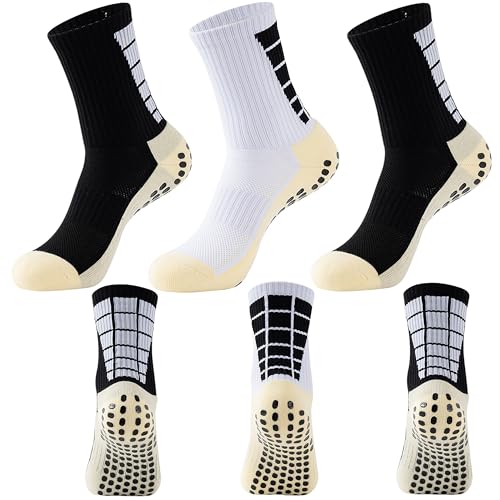 3 Paar Rutschfeste Fußball Socken, Rutschfeste Sport Socken, Gummi-Pads, Rutschfeste Fußballsocken für Basketball, Fußball, Wandern, Laufen (Weiß, Schwarz) von WDEC