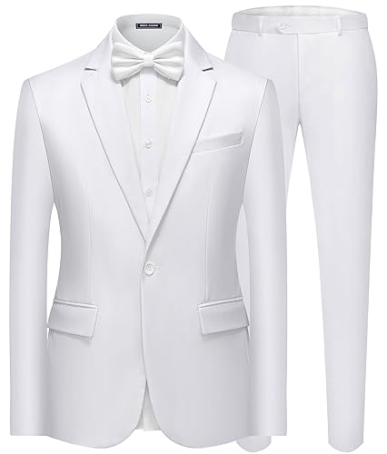 WEEN CHARM Herren Anzüge Slim Fit 2 Stück Ein-Knopf Blazer Jacke Hochzeit Abschlussball Smoking Hosen Set, Weiss/opulenter Garten, L von WEEN CHARM