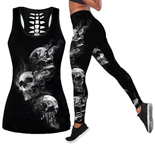 3D gedrucktes Totenkopf rauchen hohl Tanktop Frauen Sexy Weste Mädchen Tank Tops Yoga Leggings Sport Set, Tanktops und Leggings, 46 von WEGUKRI